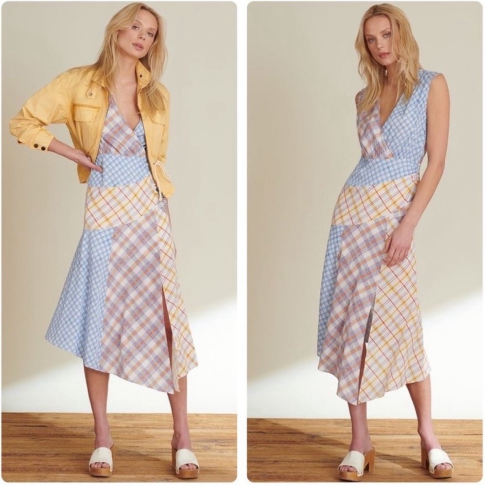 Veronica Beard Wixson Ruched Patchwork Midi Dress… - image 1